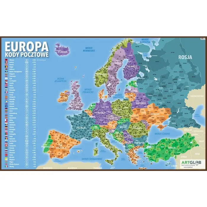 Europa - kody pocztowe mapa ścienna, 100x70 cm - Trwały Podkład
