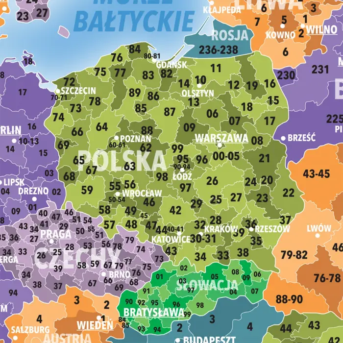 Europa - kody pocztowe mapa ścienna, 100x70 cm