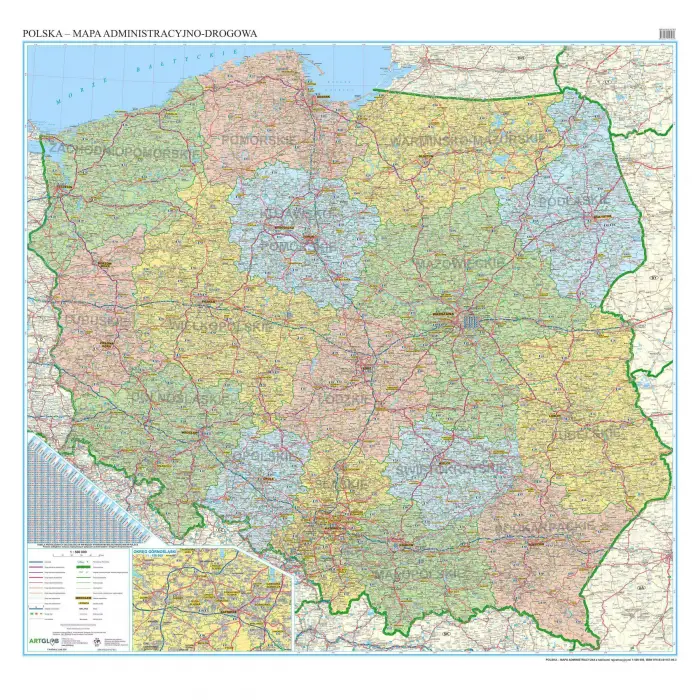 Polska administracyjno-drogowa z tablicami rejestracyjnymi mapa ścienna, 1:500 000, ArtGlob