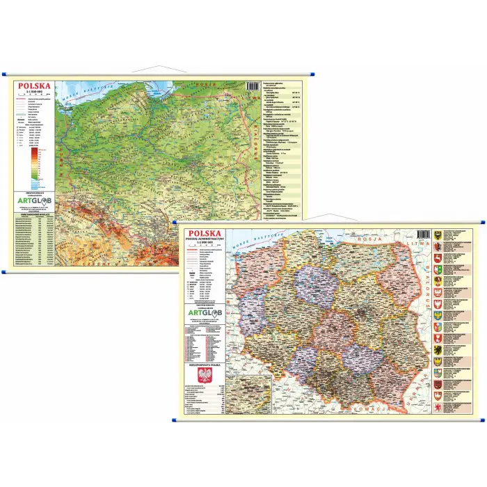 Polska - mapa ścienna dwustronna fizyczno-administracyjna, 1:1 800 000, ArtGlob
