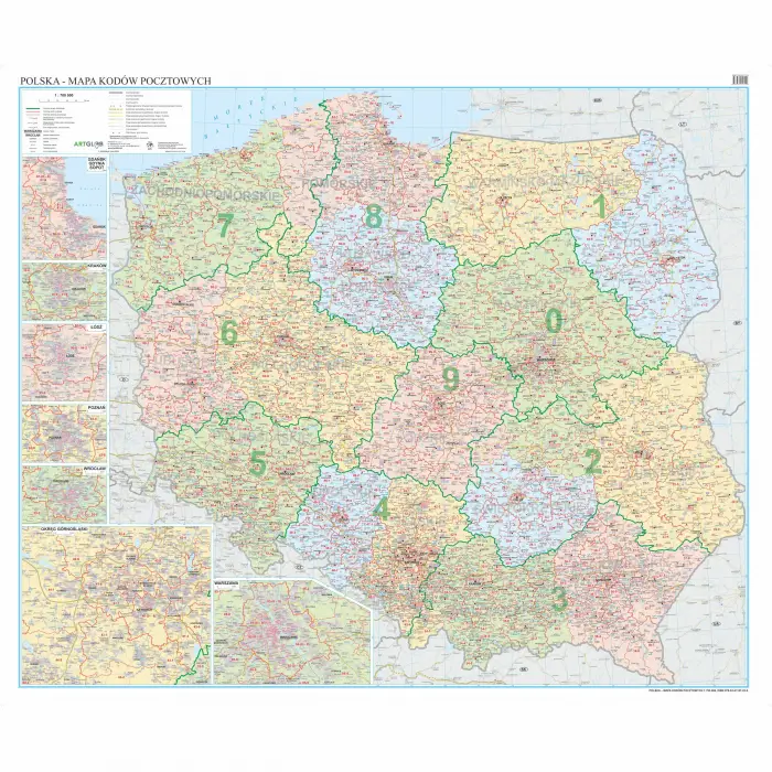 Polska kody pocztowe - mapa ścienna, 1:700 000 - naklejka, ArtGlob