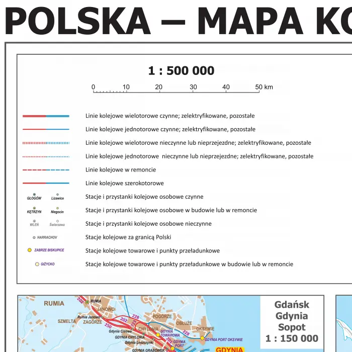 Polska - kolejowa mapa ścienna, 1:500 000, ArtGlob