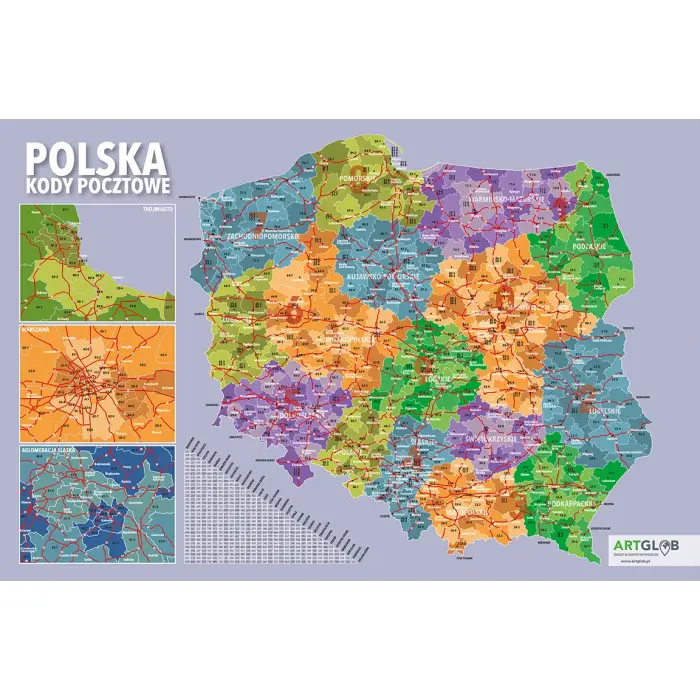 Polska - kody pocztowe mapa ścienna, 100x70 cm - Arkusz Laminowany