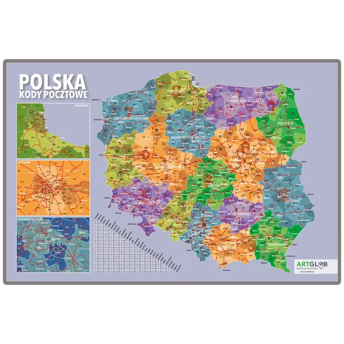 Polska - kody pocztowe mapa ścienna, 100x70 cm - Pinboard, Magnetyczna