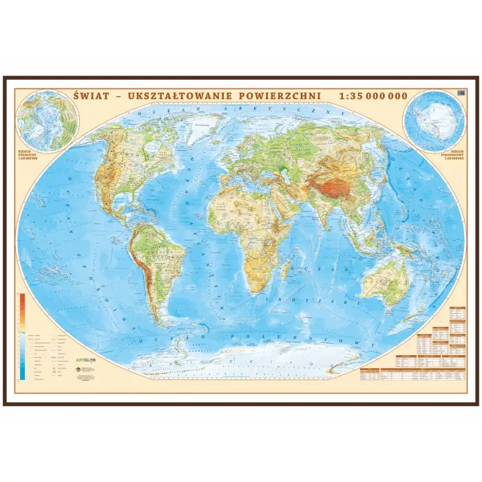Świat - mapa ścienna fizyczna, 1:35 000 000, ArtGlob