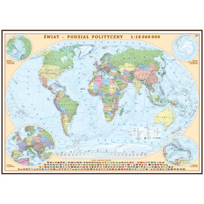 Świat polityczny - mapa ścienna, 1:18 000 000, ArtGlob