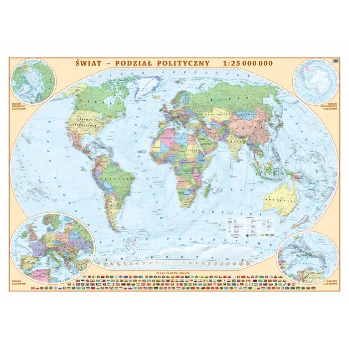 Świat - mapa ścienna polityczna, 1:25 000 000, ArtGlob