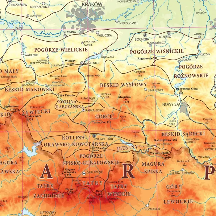 Polskie góry mapa ścienna, 1:700 000, 100x35 cm