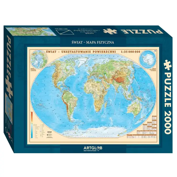 Puzzle 2 x 2 000 el. Świat mapa polityczna + Świat mapa fizyczna