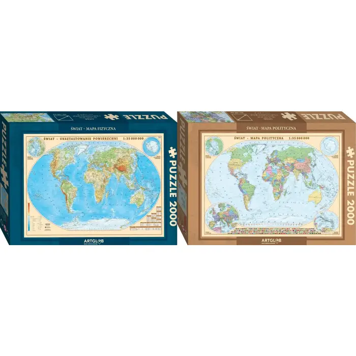 Puzzle 2 x 2 000 el. Świat mapa polityczna + Świat mapa fizyczna