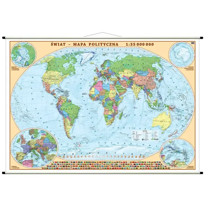 Świat - mapa ścienna polityczno-fizyczna, dwustronna, 1:35 000 000